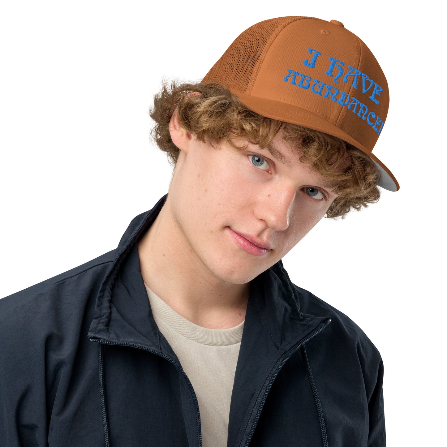 “I HAVE ABUNDANCE!”Caramel Closed-Back Trucker Cap W/Blue Font