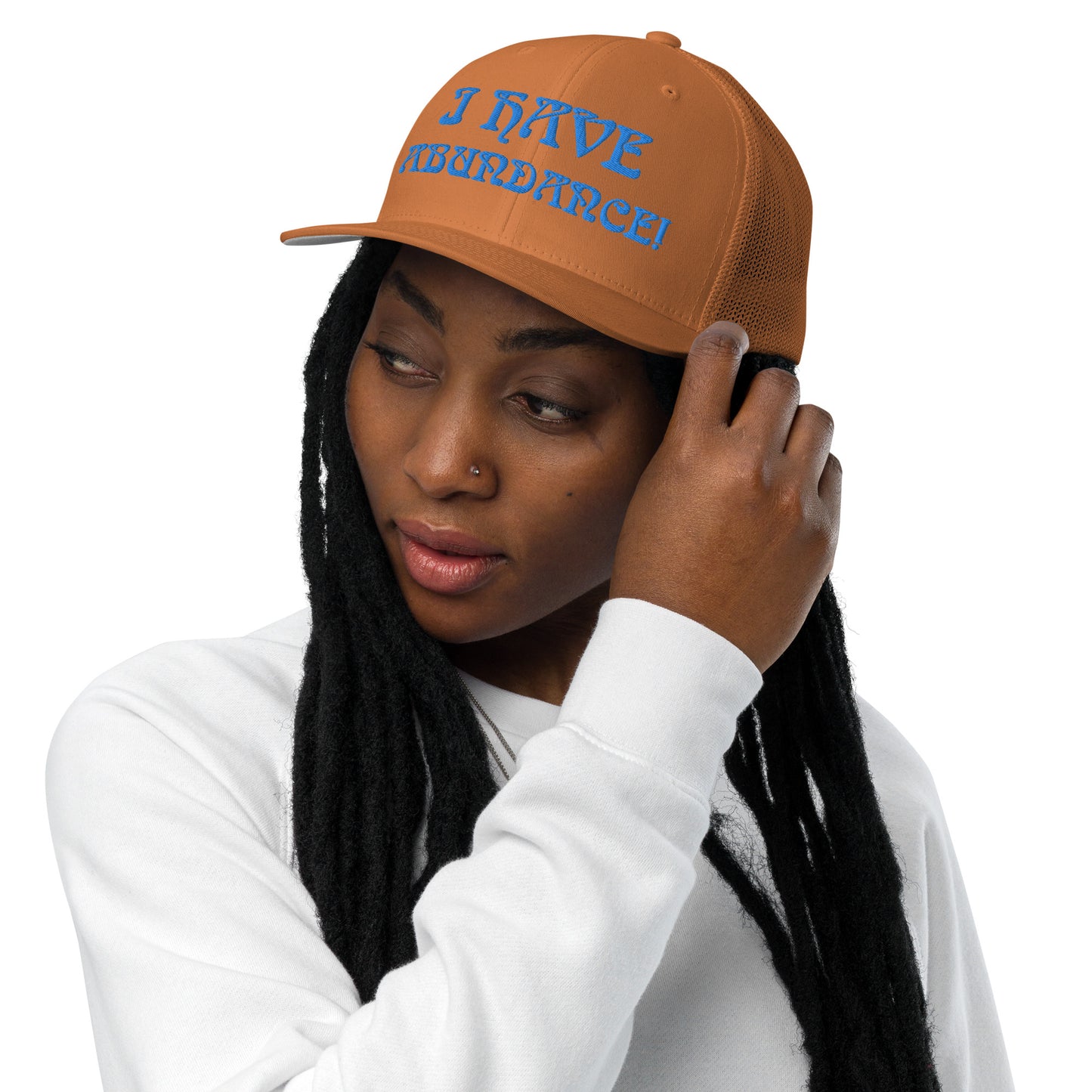 “I HAVE ABUNDANCE!”Caramel Closed-Back Trucker Cap W/Blue Font