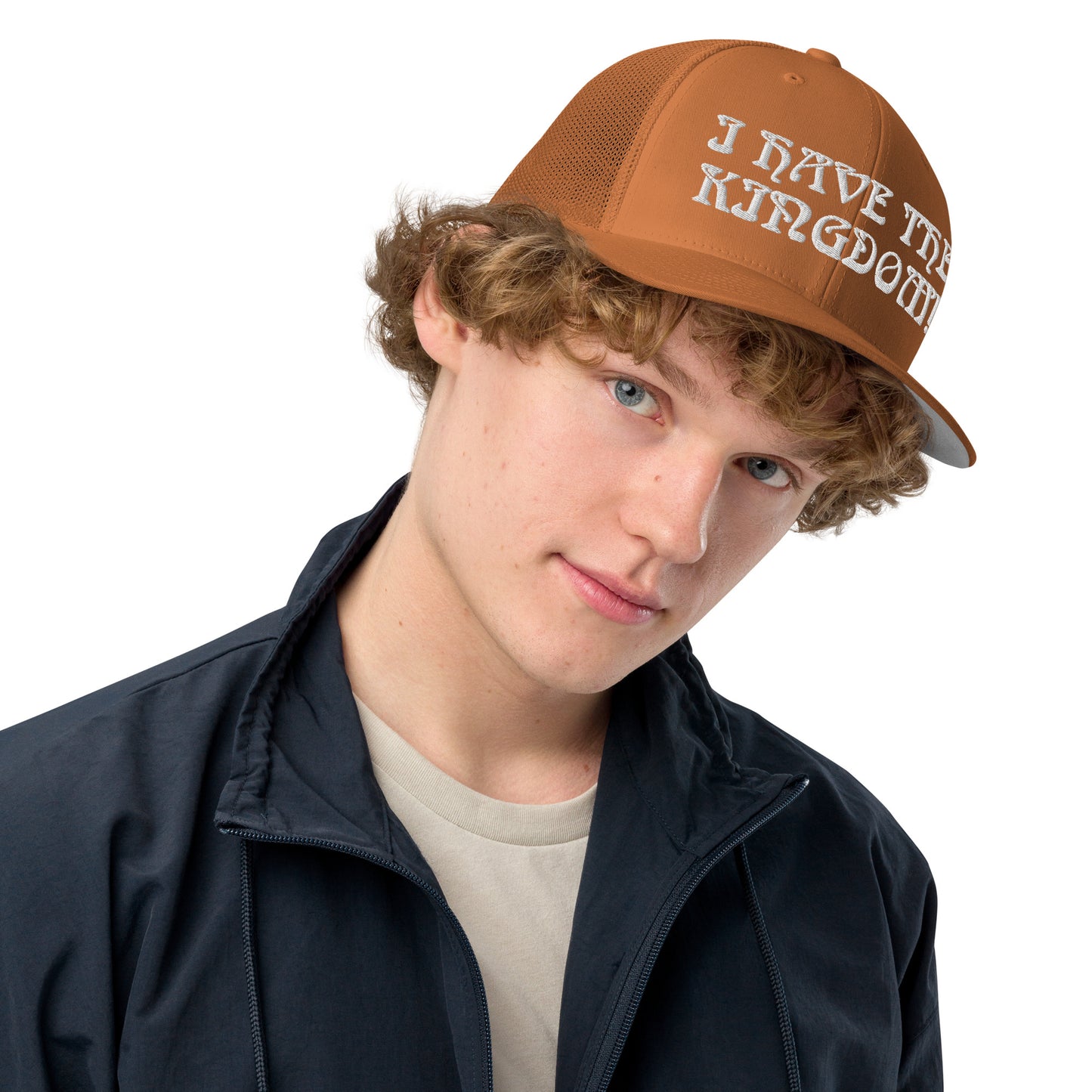 “I HAVE THE KINGDOM!”Caramel Closed-Back Trucker Cap W/White Font