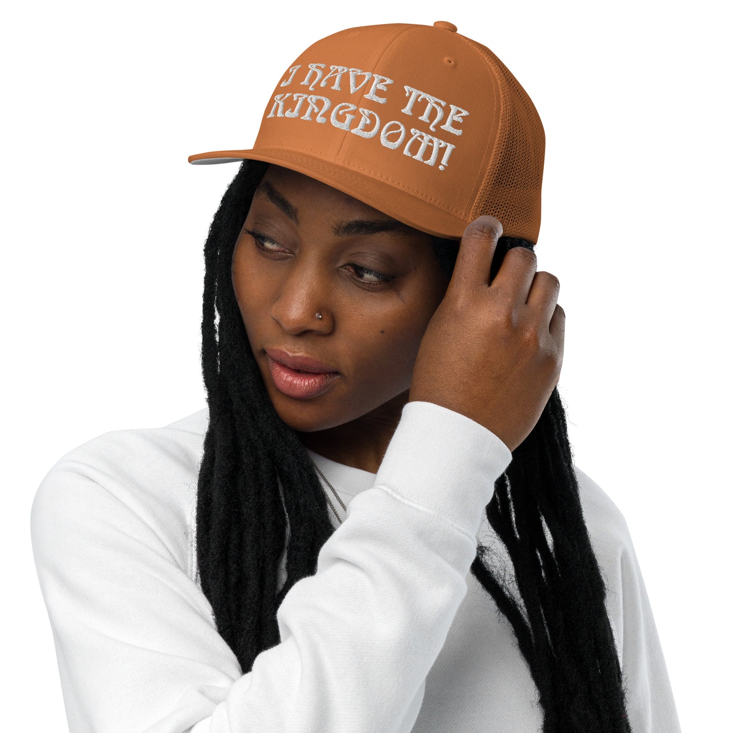 “I HAVE THE KINGDOM!”Caramel Closed-Back Trucker Cap W/White Font