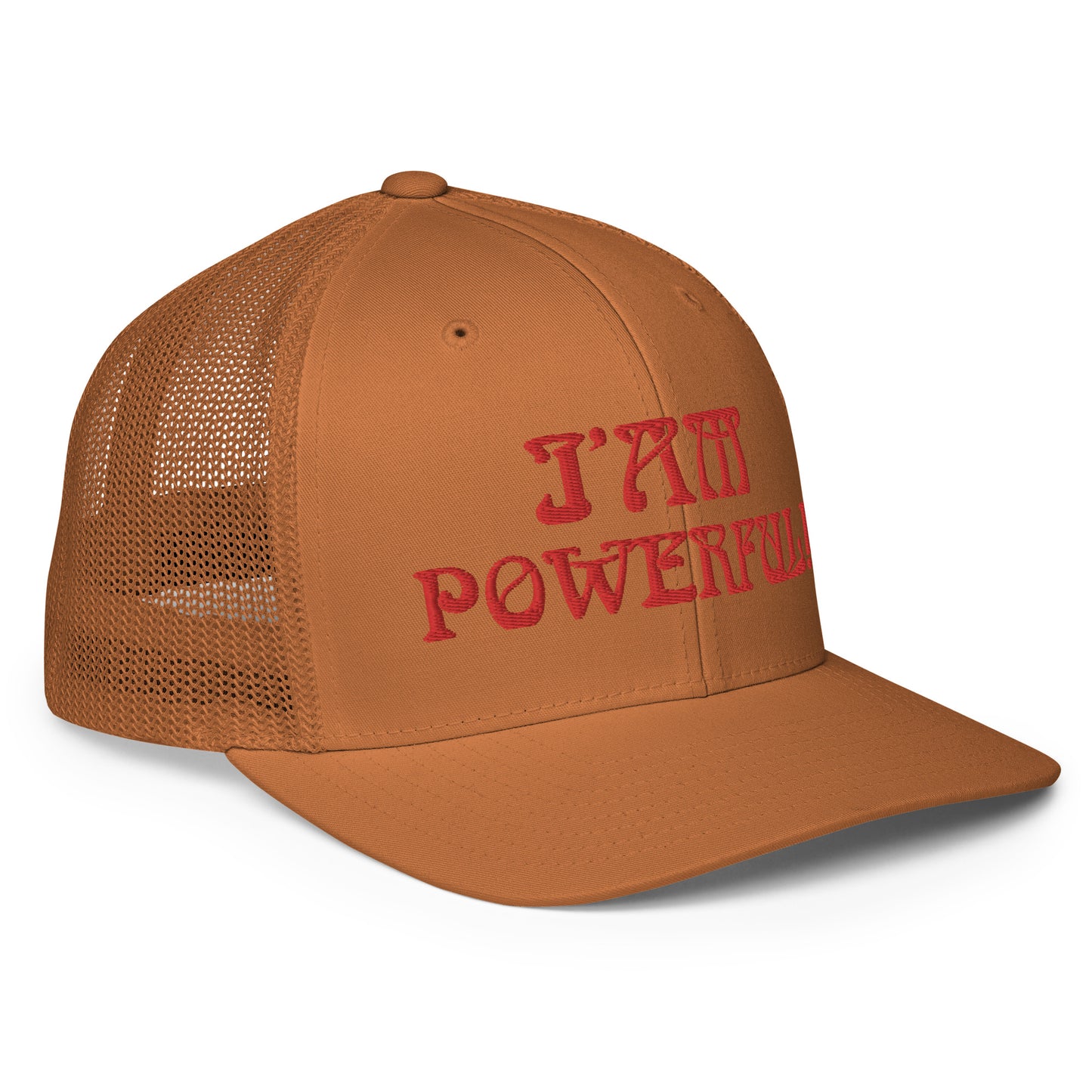 “I’AM POWERFUL!”Caramel Closed-Back Trucker Cap W/Red Font