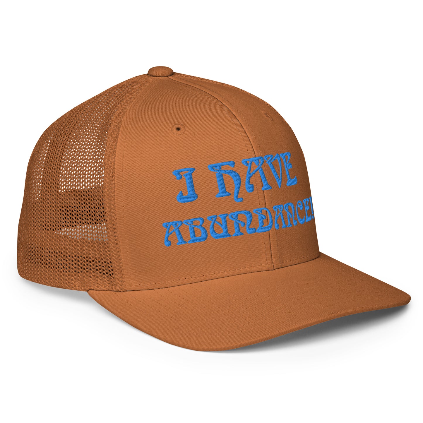 “I HAVE ABUNDANCE!”Caramel Closed-Back Trucker Cap W/Blue Font