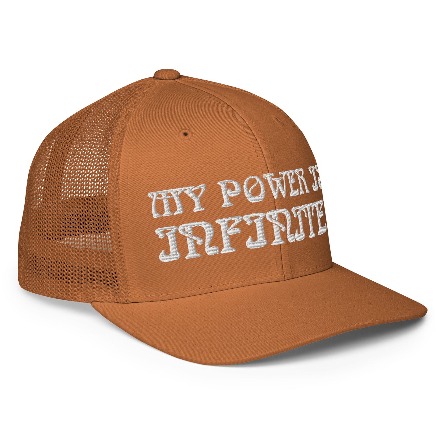 “MY POWER IS INFINITE!"Caramel Closed-Back Trucker Cap W/White Font