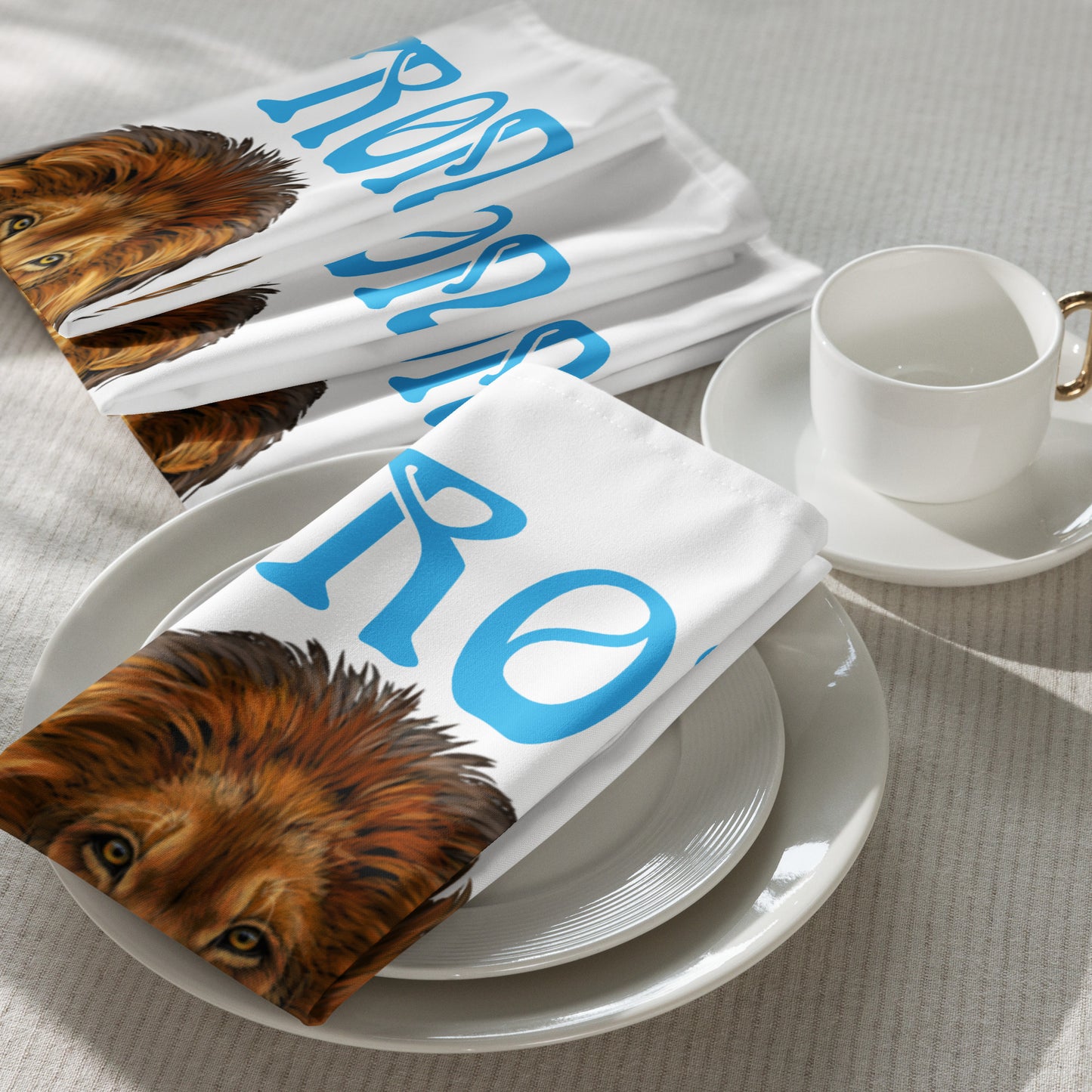 “STRONG”White Cloth Napkin Set W/SkyBlue Font