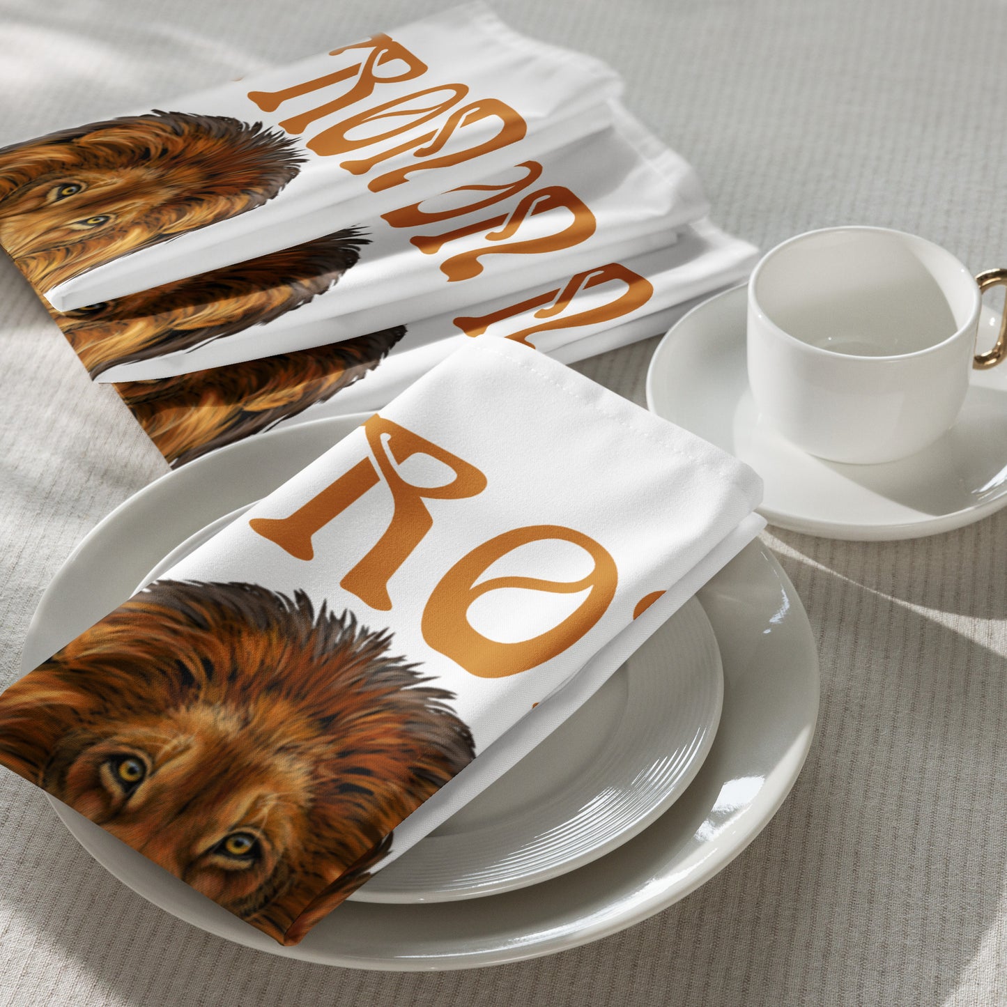 “STRONG”White Cloth Napkin Set W/Bronze Font