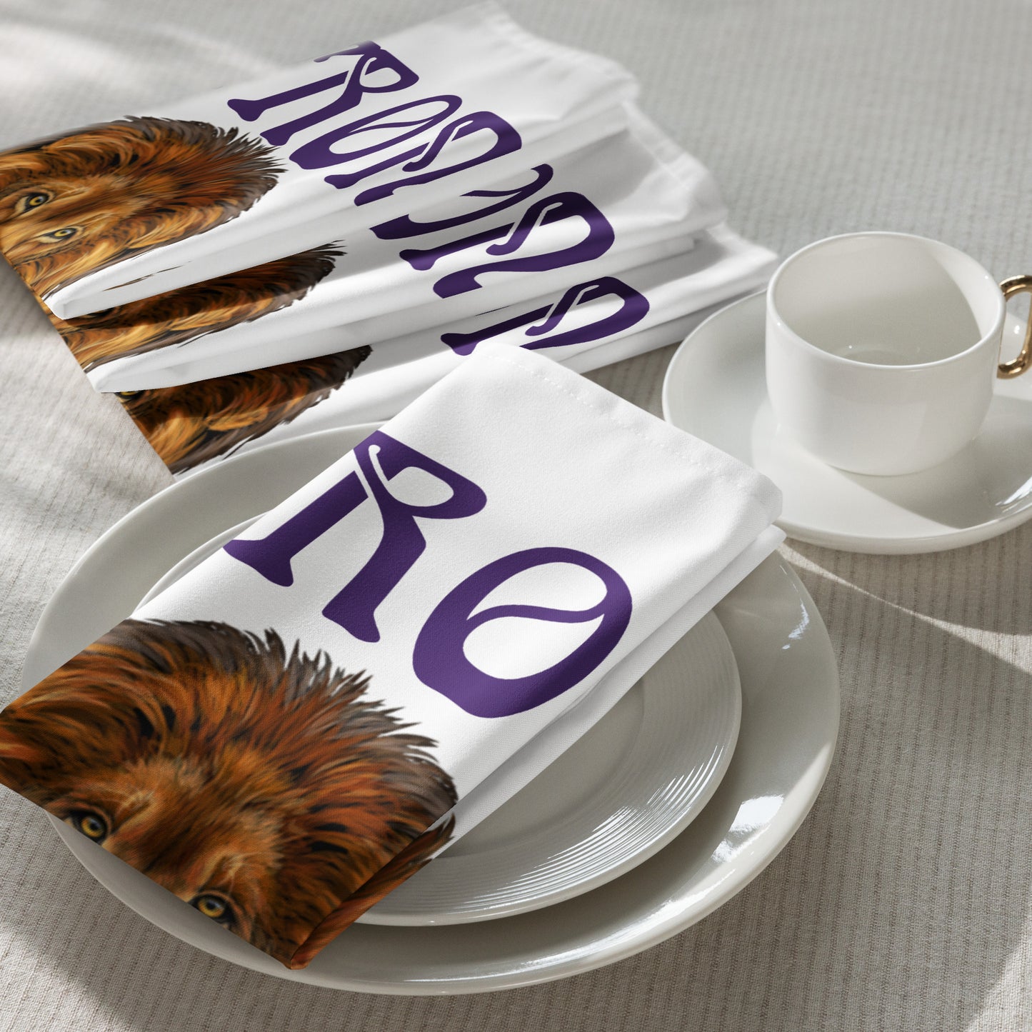 “STRONG”White Cloth Napkin Set W/Purple Font