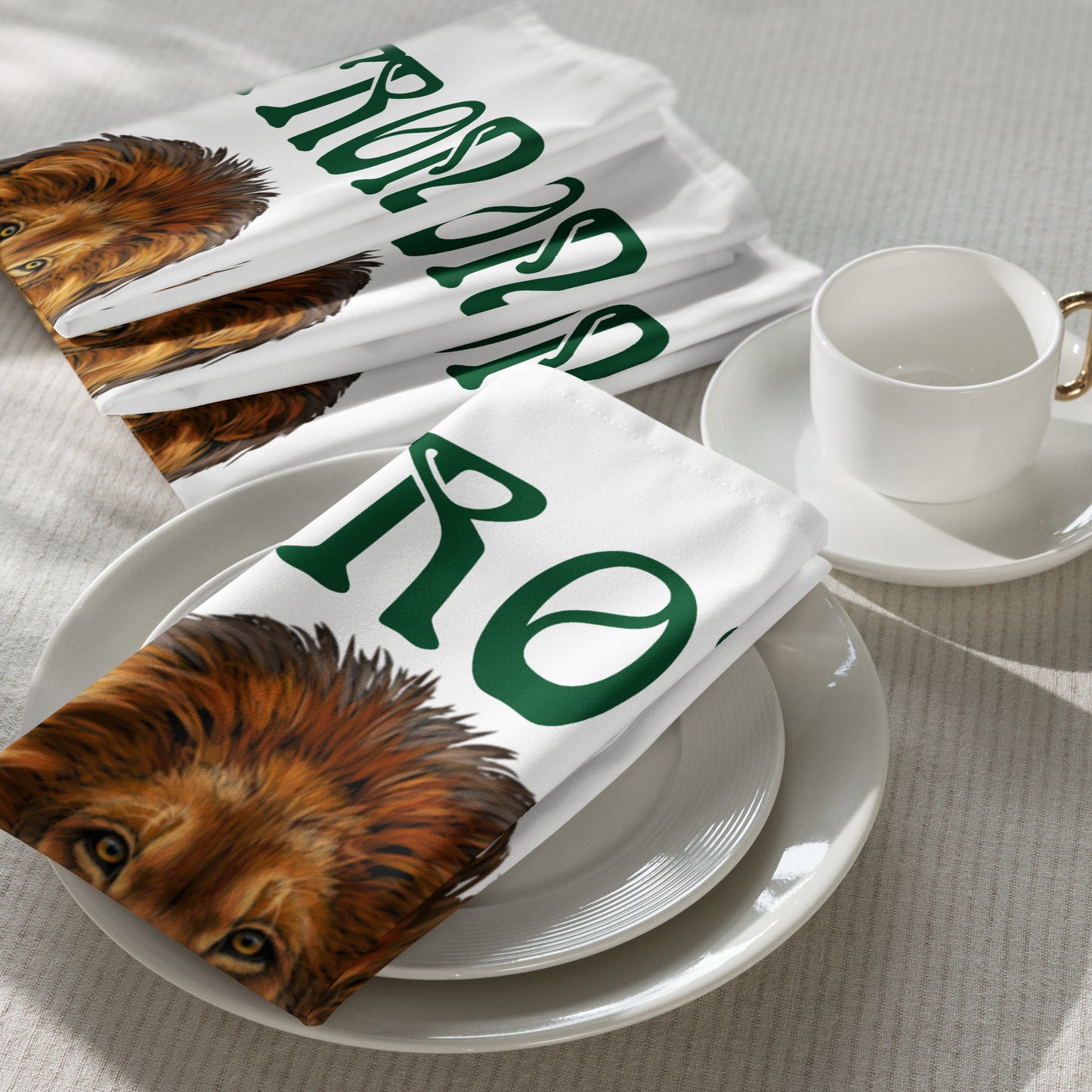 “STRONG”White Cloth Napkin Set W/Green Font