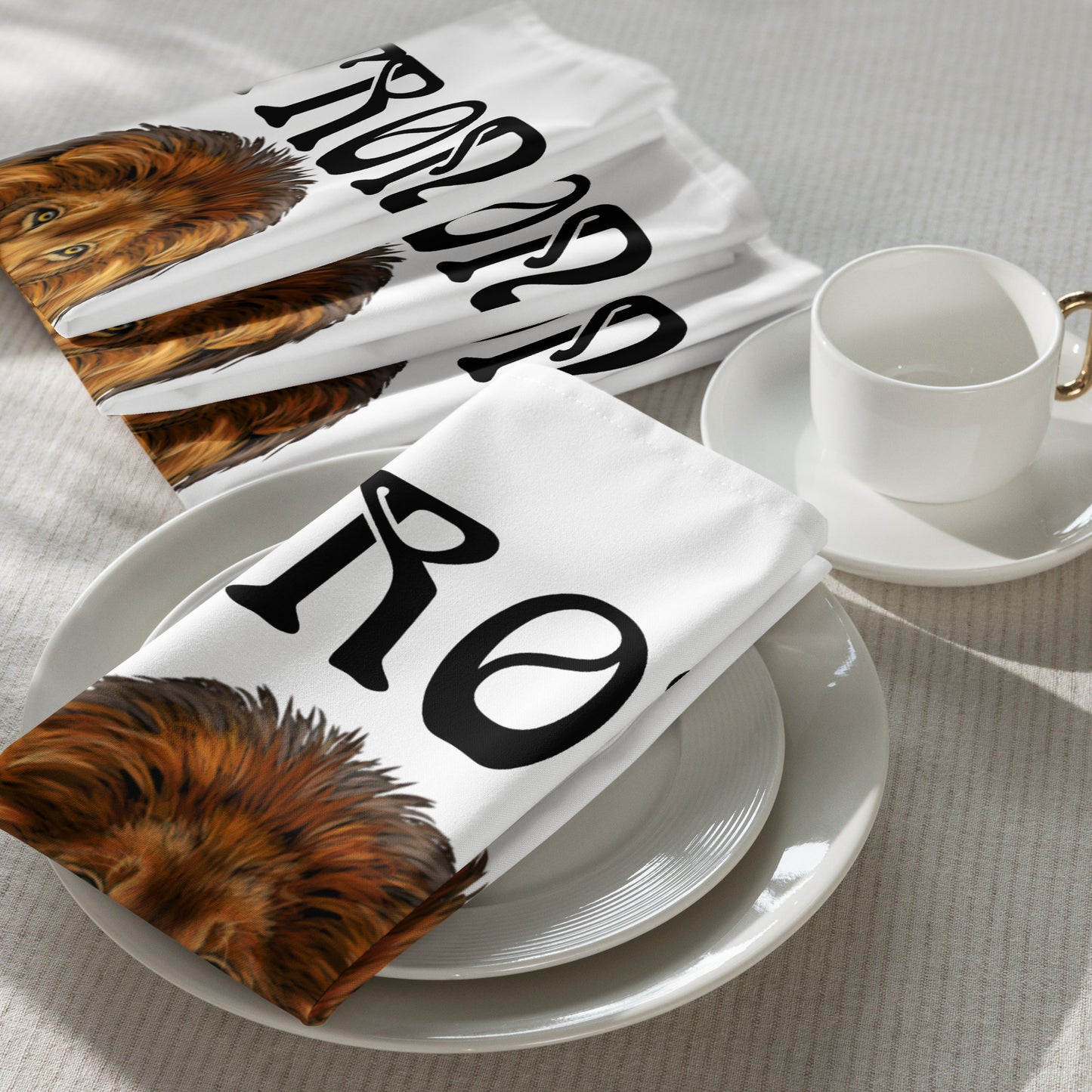“STRONG”White Cloth Napkin Set W/Black Font