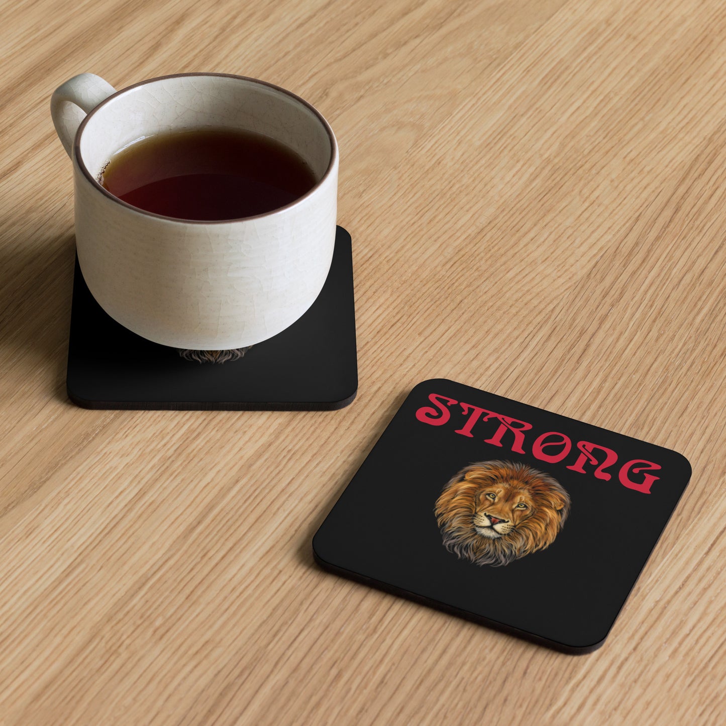 “STRONG”Cork-Back Black Coaster W/Red Font