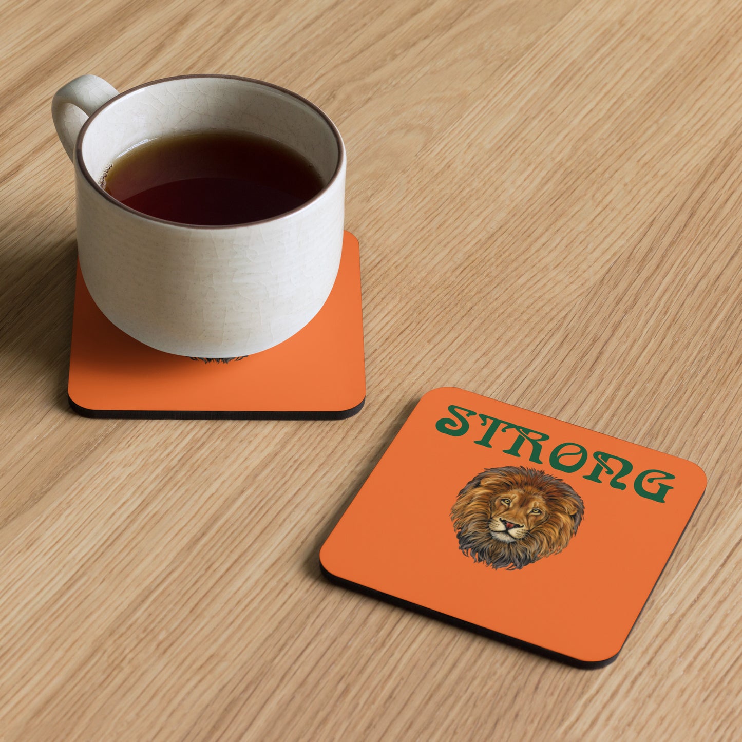 “STRONG”Cork-Back Orange Coaster W/Green Font