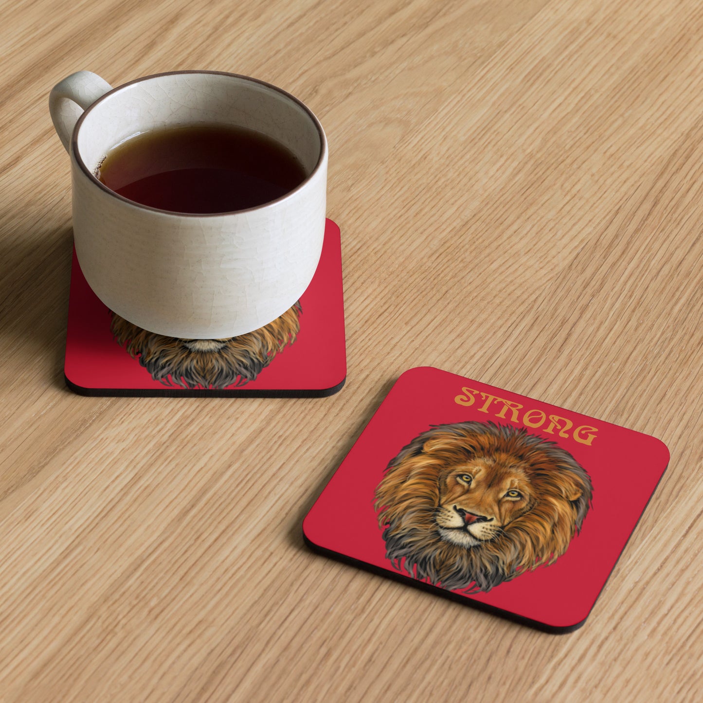 “STRONG”Cork-Back Red Coaster W/Bronze Font