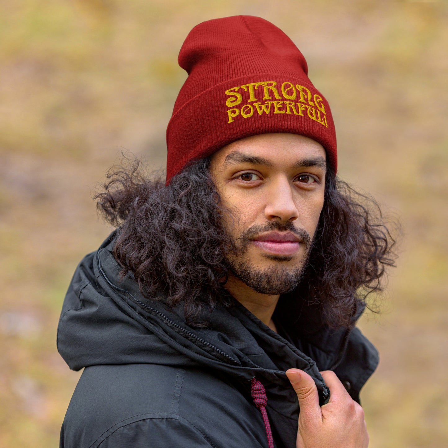 “STRONG, POWERFUL!”Cuffed Beanie W/Yellow Font