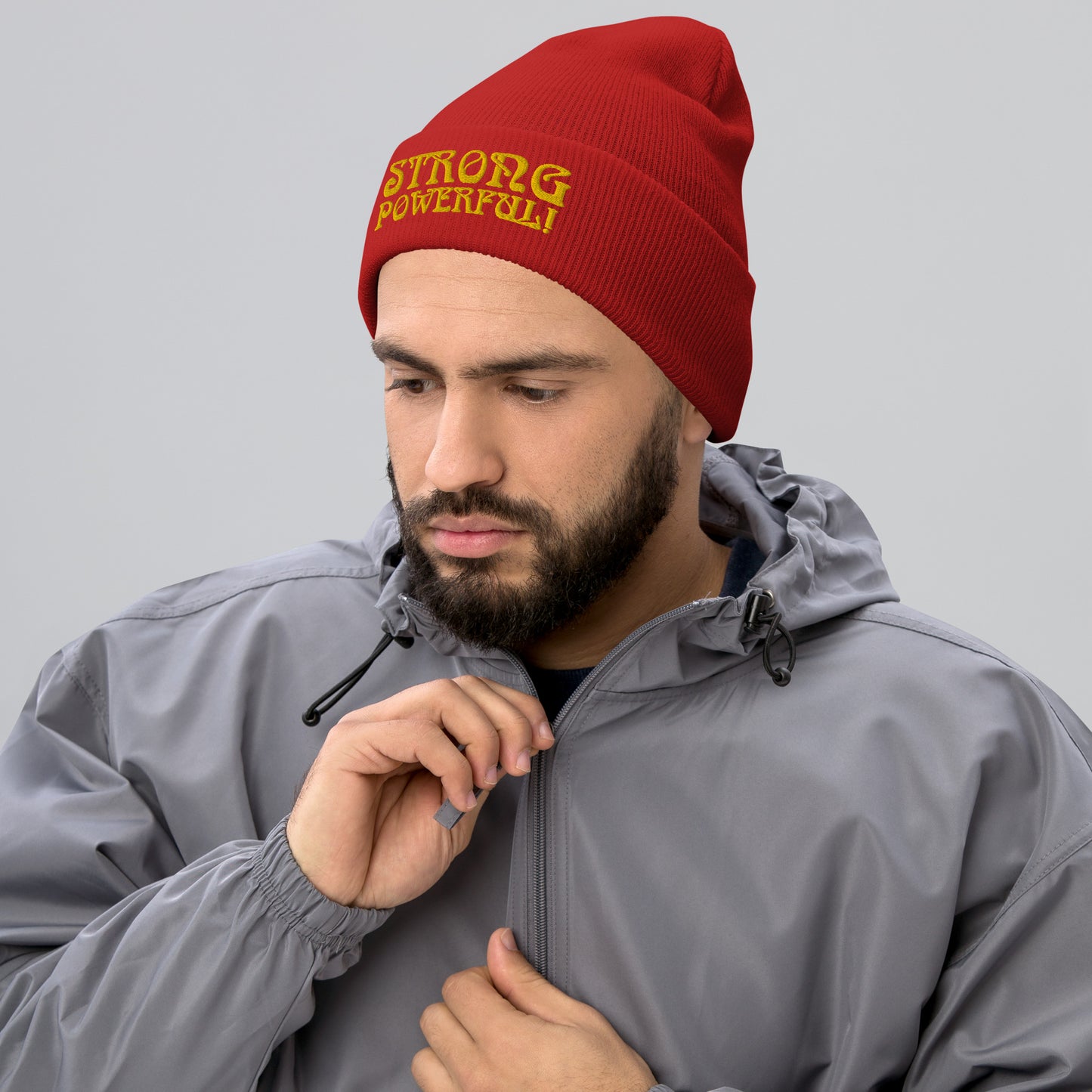 “STRONG, POWERFUL!”Cuffed Beanie W/Yellow Font