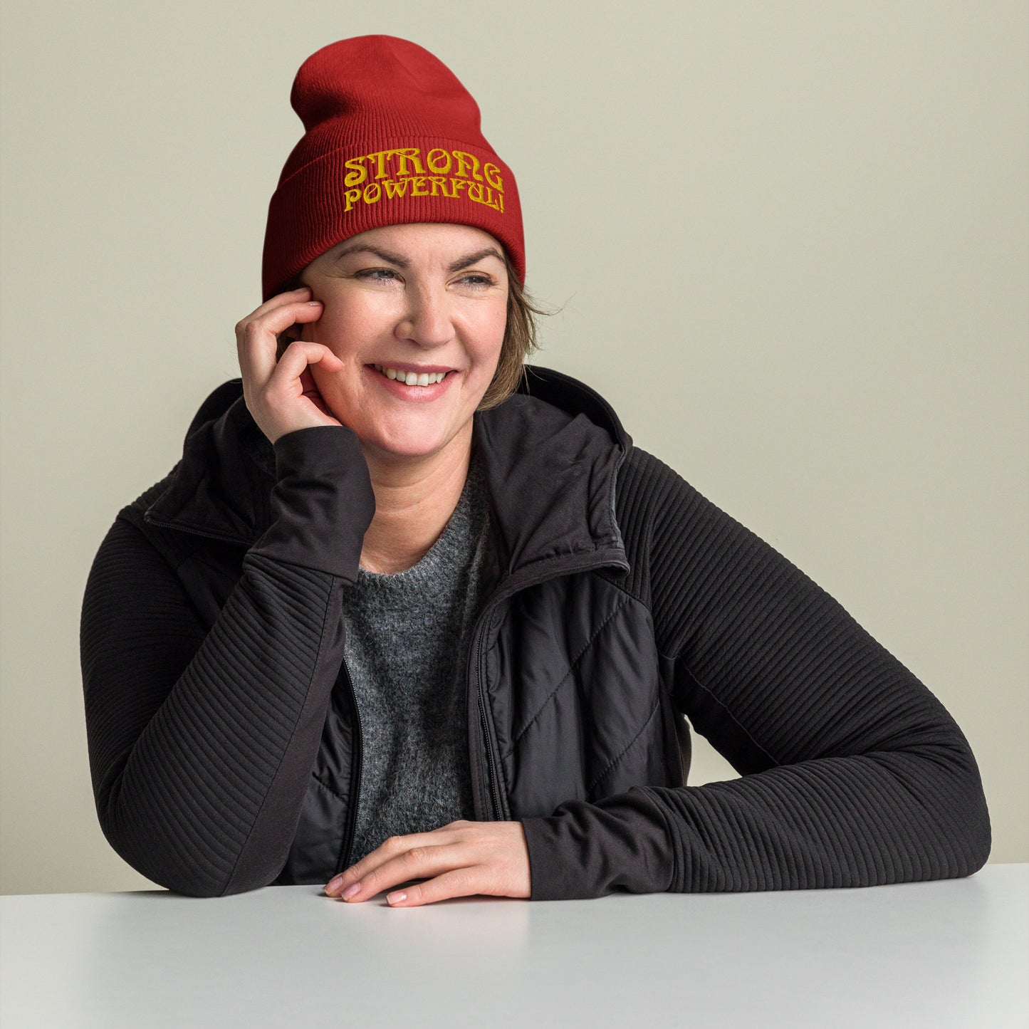“STRONG, POWERFUL!”Cuffed Beanie W/Yellow Font