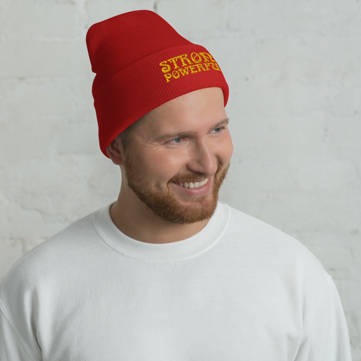 “STRONG, POWERFUL!”Cuffed Beanie W/Yellow Font