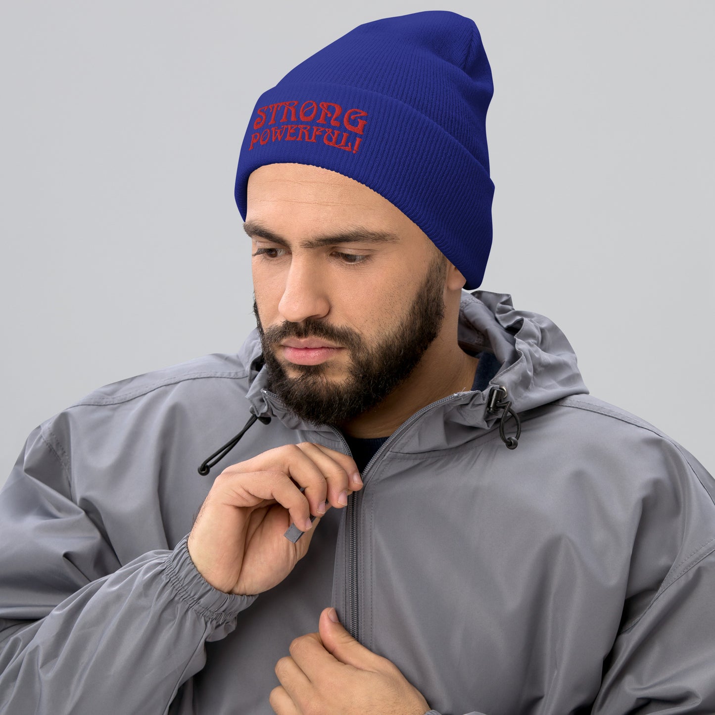 “STRONG,POWERFUL!”Cuffed Beanie W/Red Font