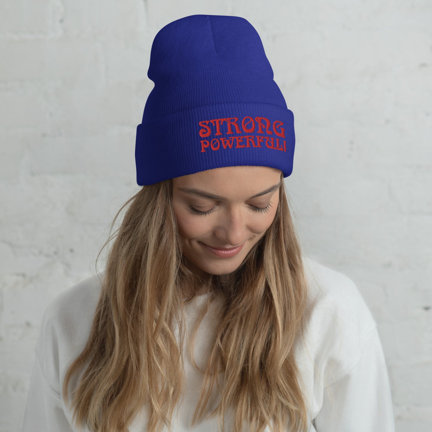“STRONG,POWERFUL!”Cuffed Beanie W/Red Font