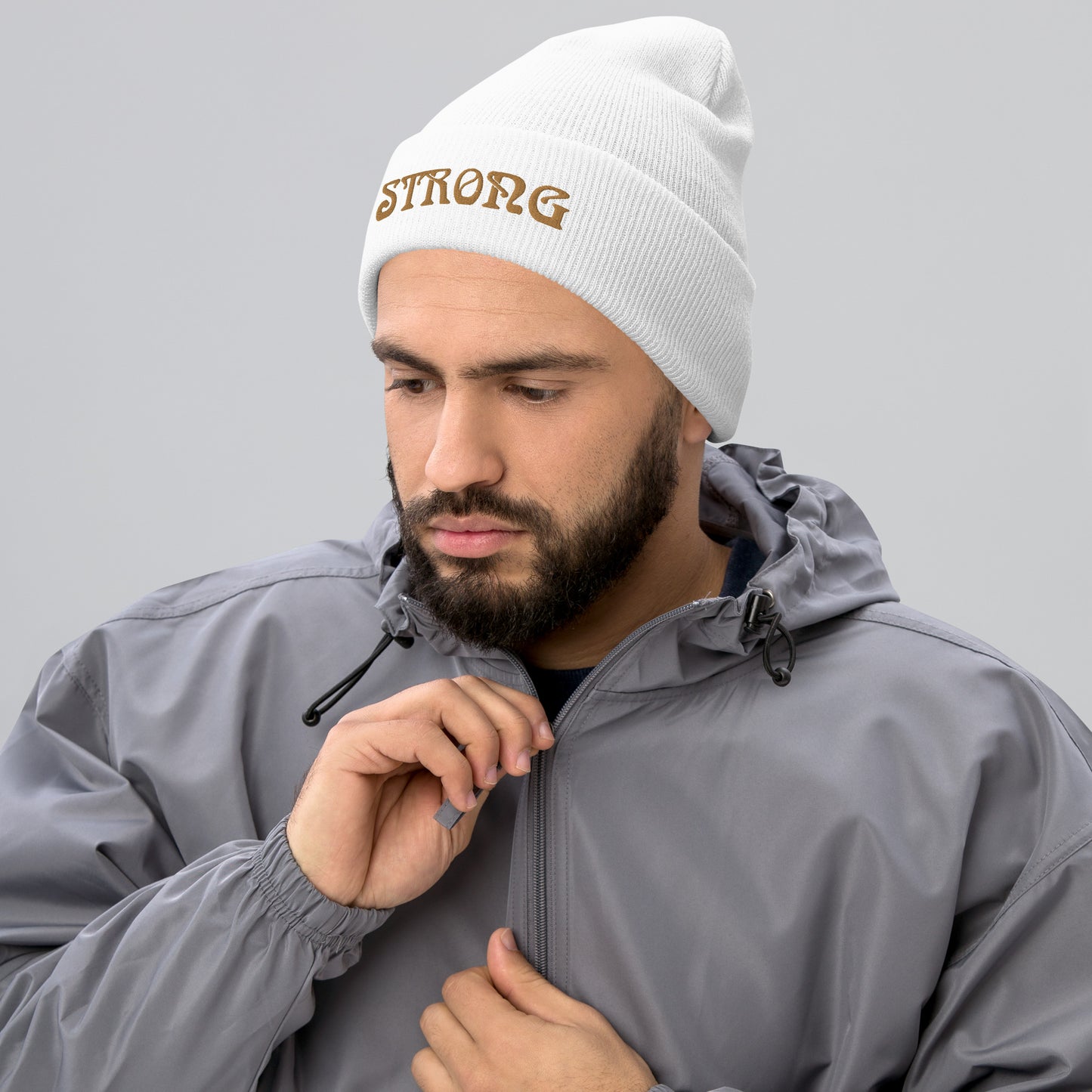 “STRONG”Cuffed Beanie W/Bronze Font