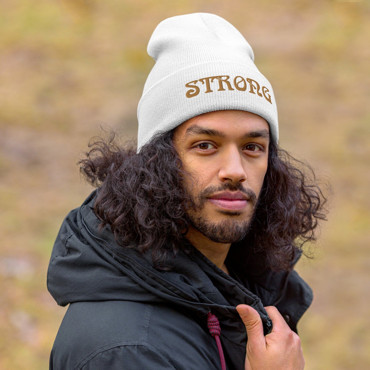 “STRONG”Cuffed Beanie W/Bronze Font