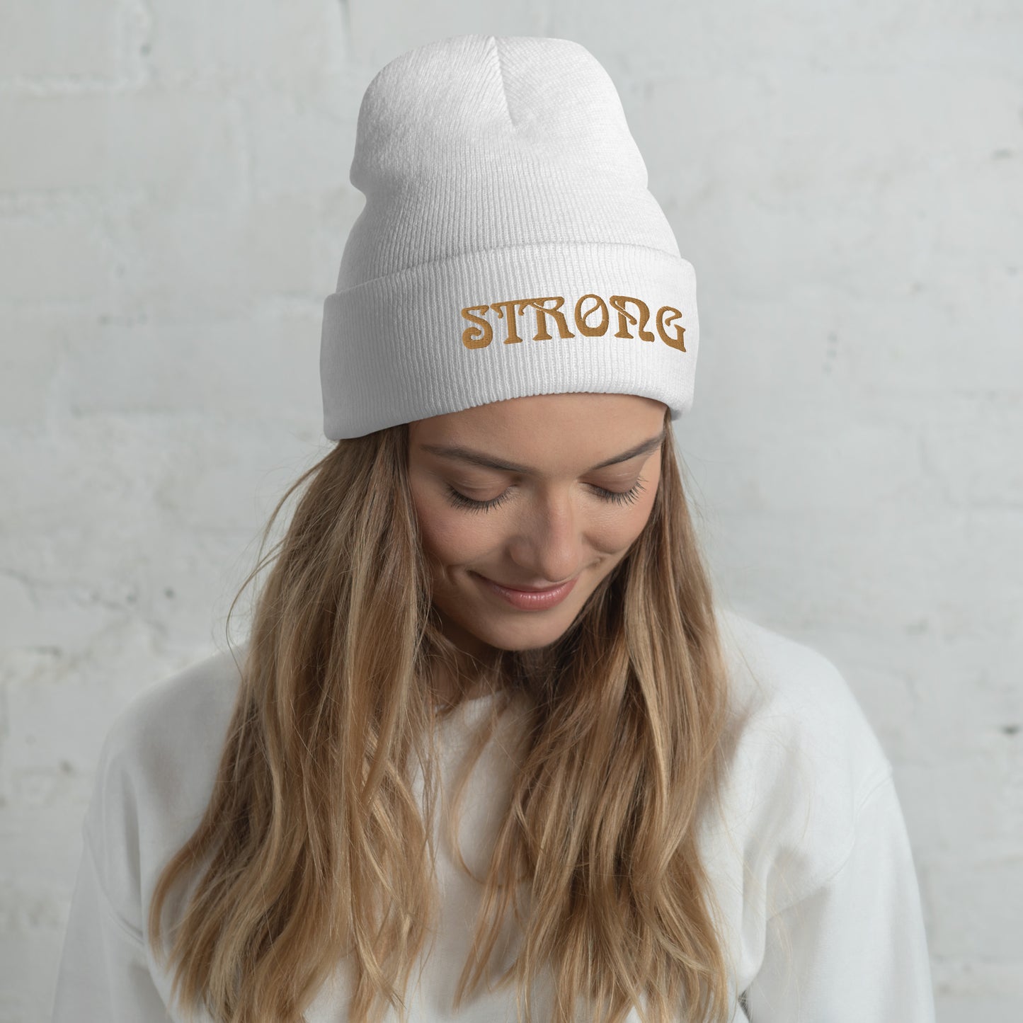 “STRONG”Cuffed Beanie W/Bronze Font