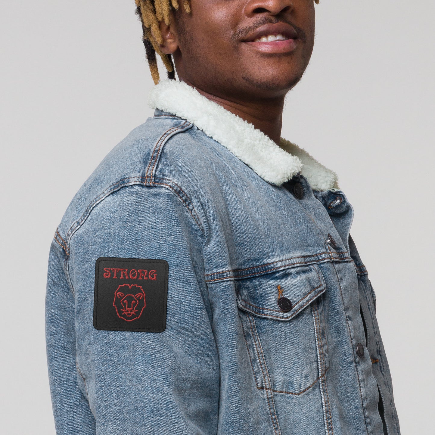 “STRONG”Black Lion Square Embroidered Patch Black W/Red Font