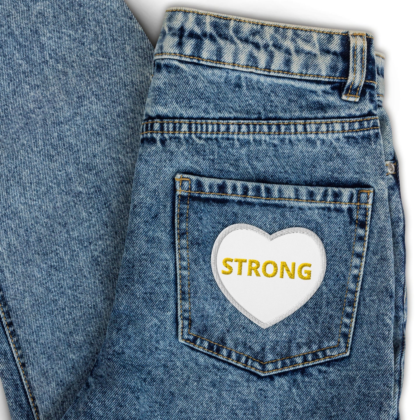 “STRONG”Heart Embroidered Patch White W/Yellow Font