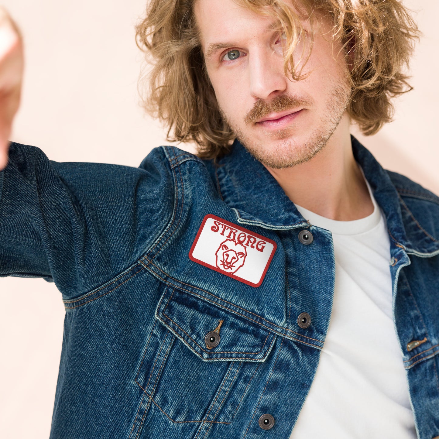 “STRONG”Lion Square Embroidered Patch Red W/Red Font