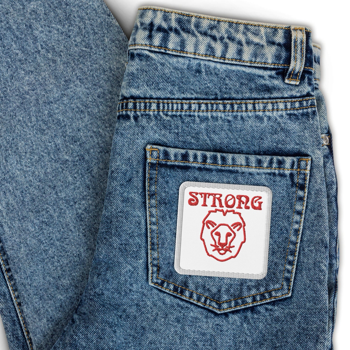 “STRONG”Lion Square Embroidered Patch White W/Red Font