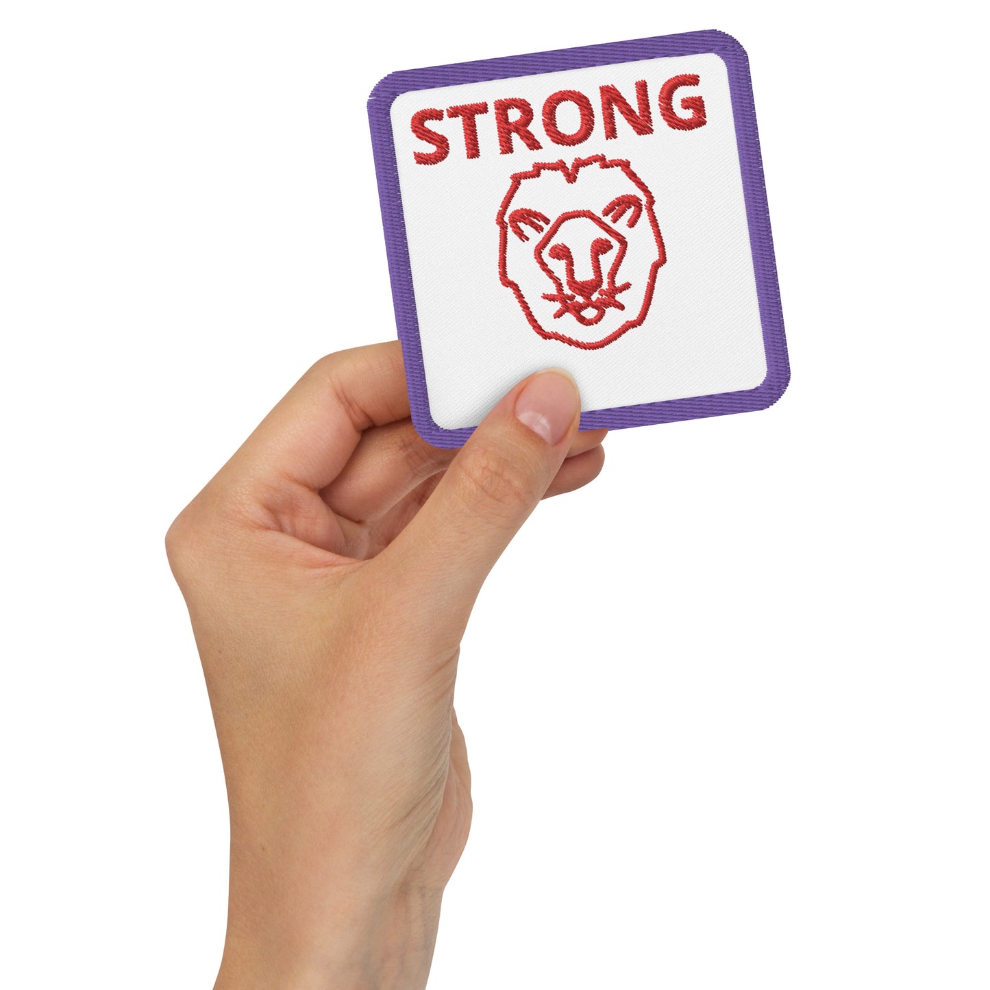 “STRONG”Lion Square Embroidered Patch Purple W/Red Font