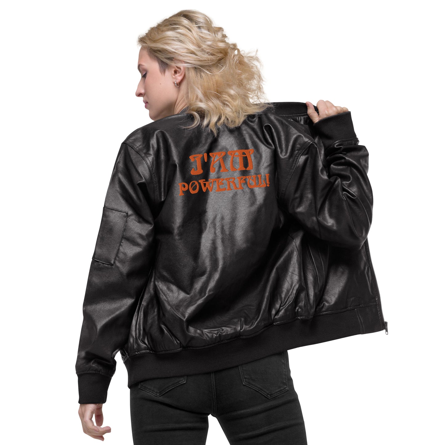 “IAM POWERFUL!”Leather Bomber Jacket W/Orange Font