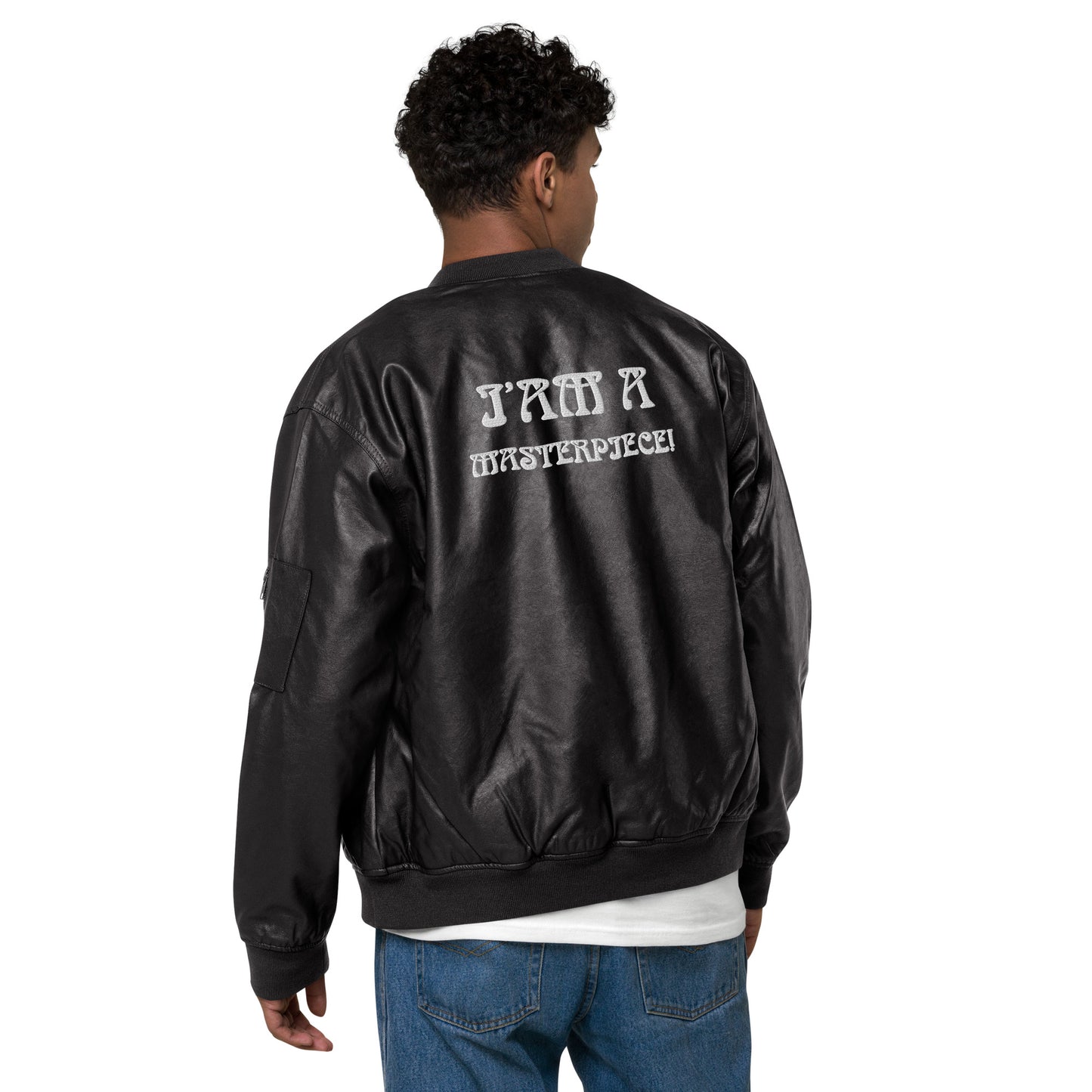 “IAM A MASTERPIECE!”Leather Bomber Jacket W/White Font