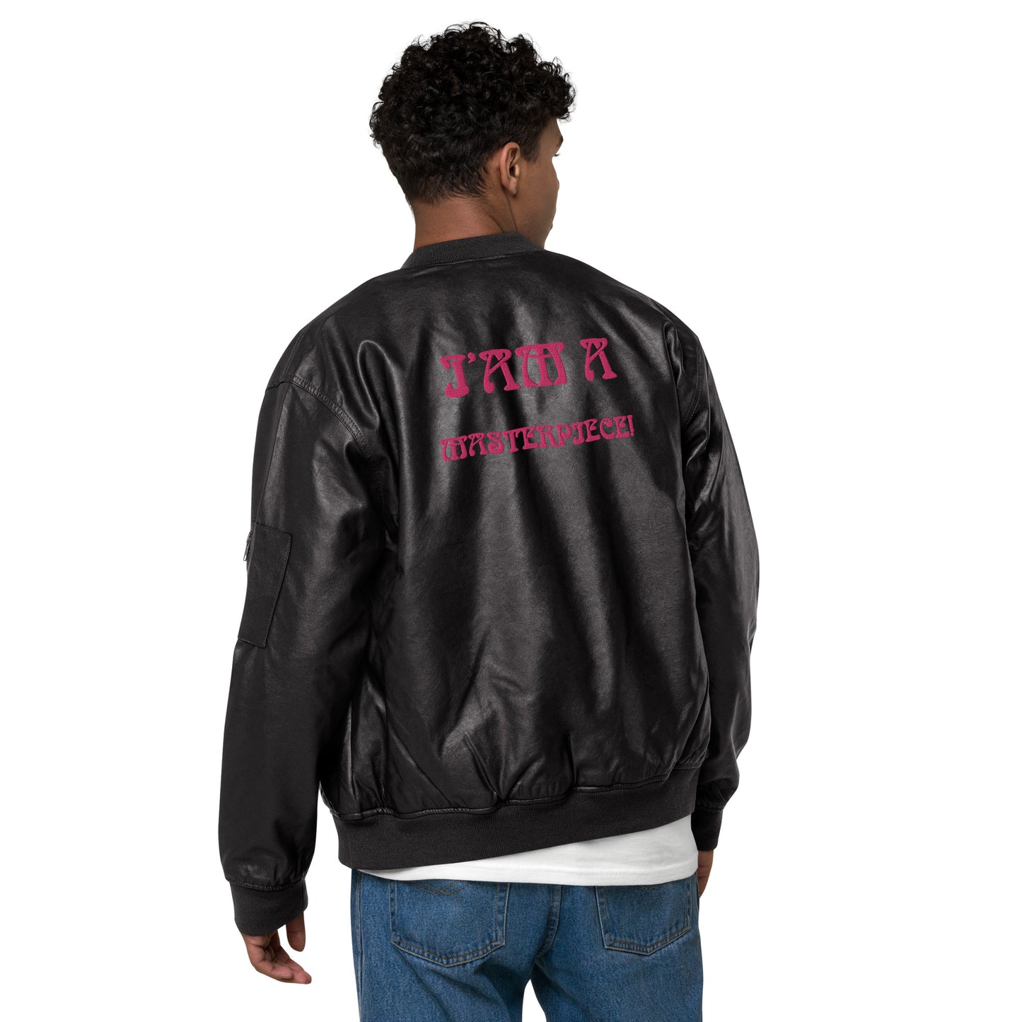 “IAM A MASTERPIECE!”Leather Bomber Jacket W/Flamingo Font