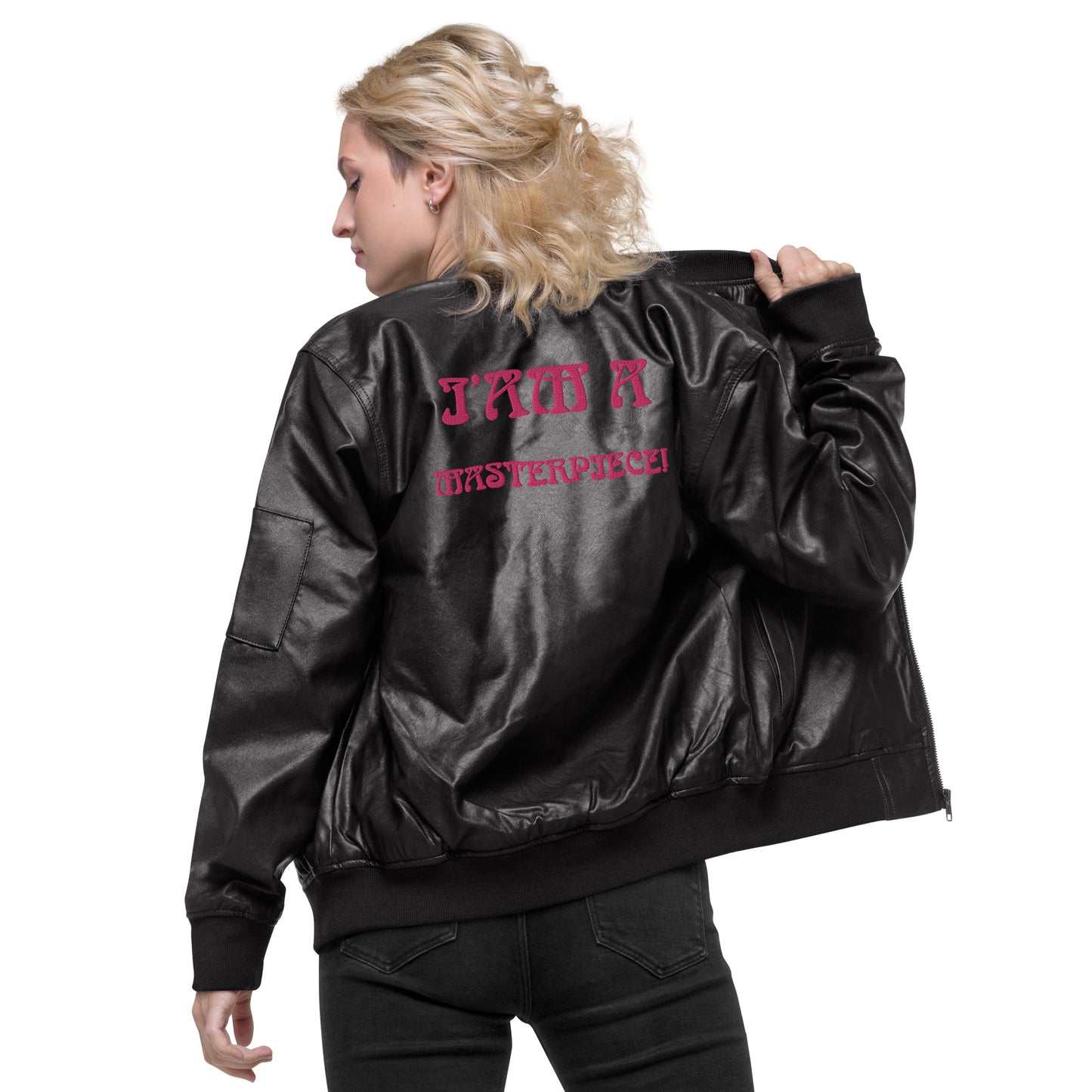 “IAM A MASTERPIECE!”Leather Bomber Jacket W/Flamingo Font