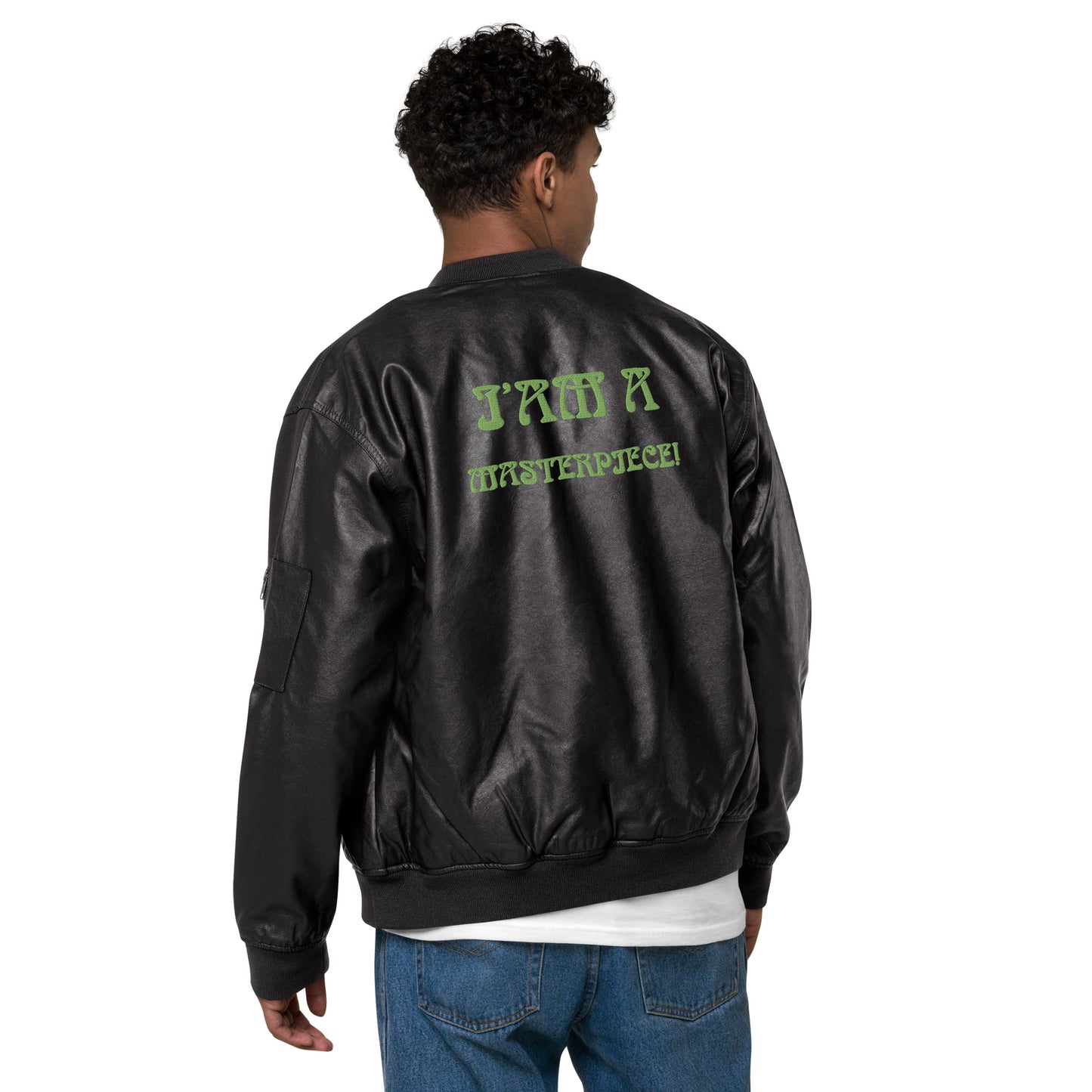 “IAM A MASTERPIECE!"Leather Bomber Jacket W/Lime Green Font