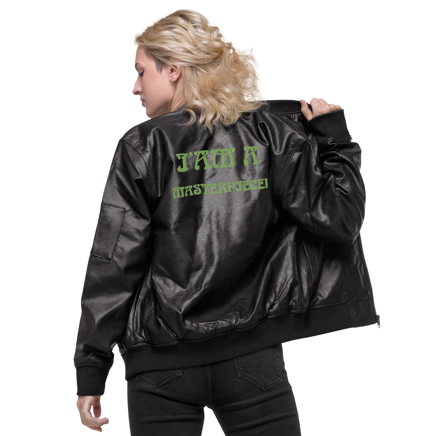 “IAM A MASTERPIECE!"Leather Bomber Jacket W/Lime Green Font