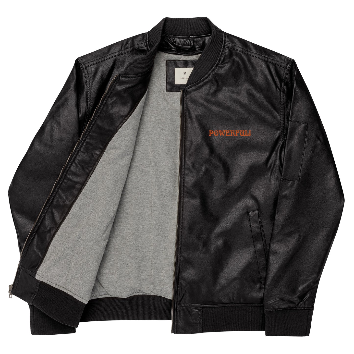 “IAM POWERFUL!”Leather Bomber Jacket W/Orange Font