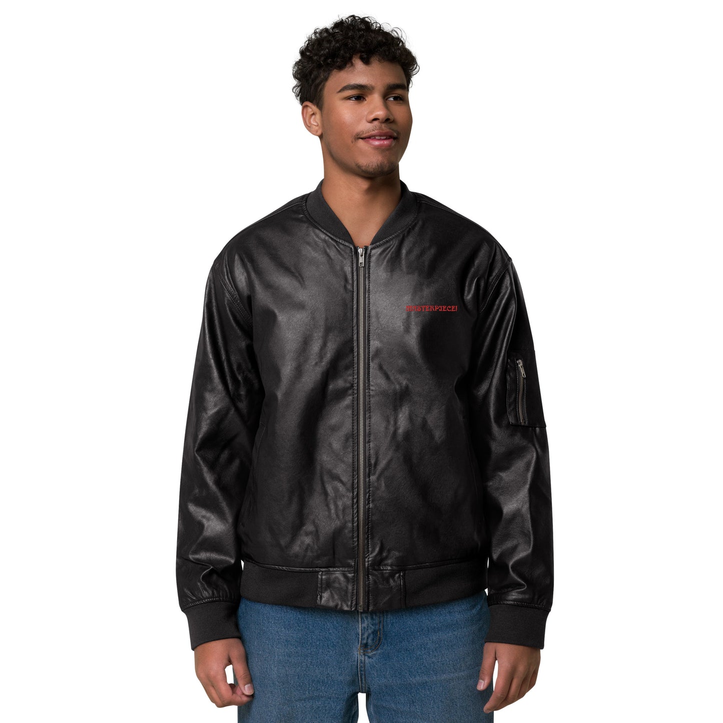 “IAM A MASTERPIECE!”Leather Bomber Jacket W/Red Font