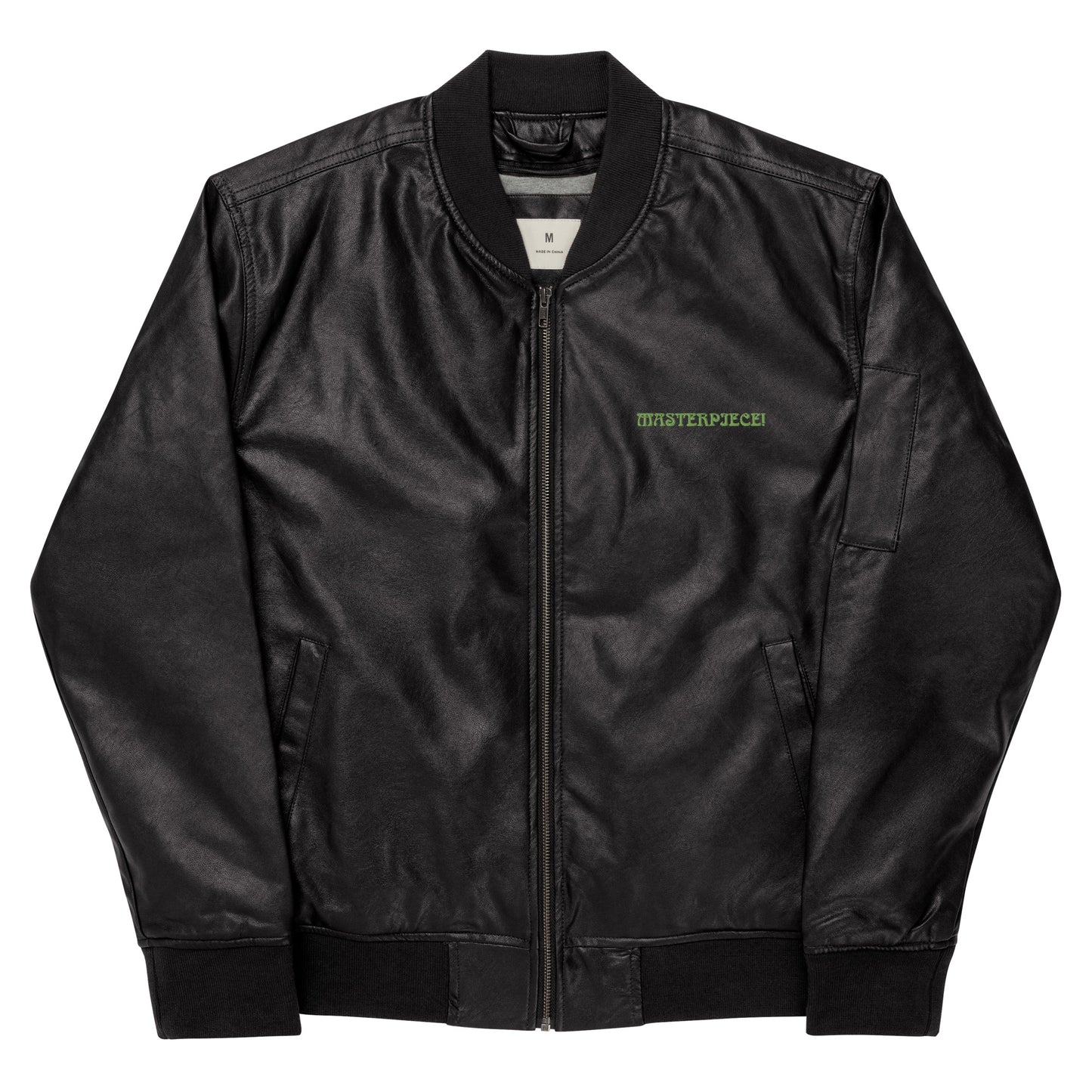 “IAM A MASTERPIECE!"Leather Bomber Jacket W/Lime Green Font