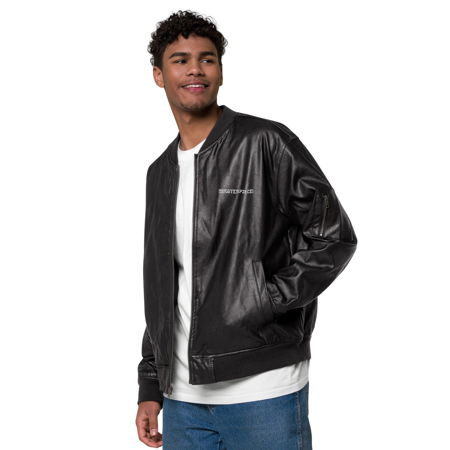“IAM A MASTERPIECE!”Leather Bomber Jacket W/White Font