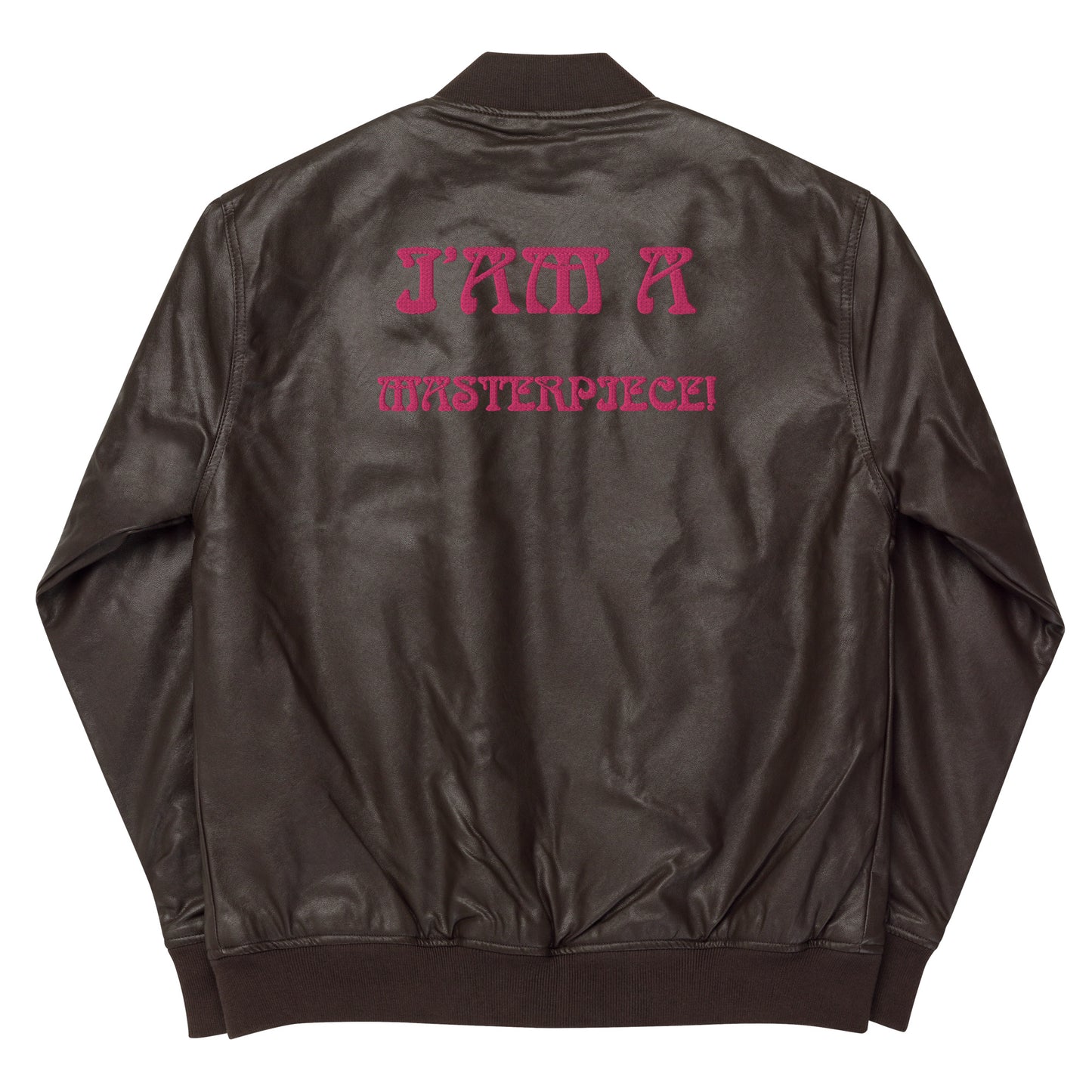 “IAM A MASTERPIECE!”Leather Bomber Jacket W/Flamingo Font
