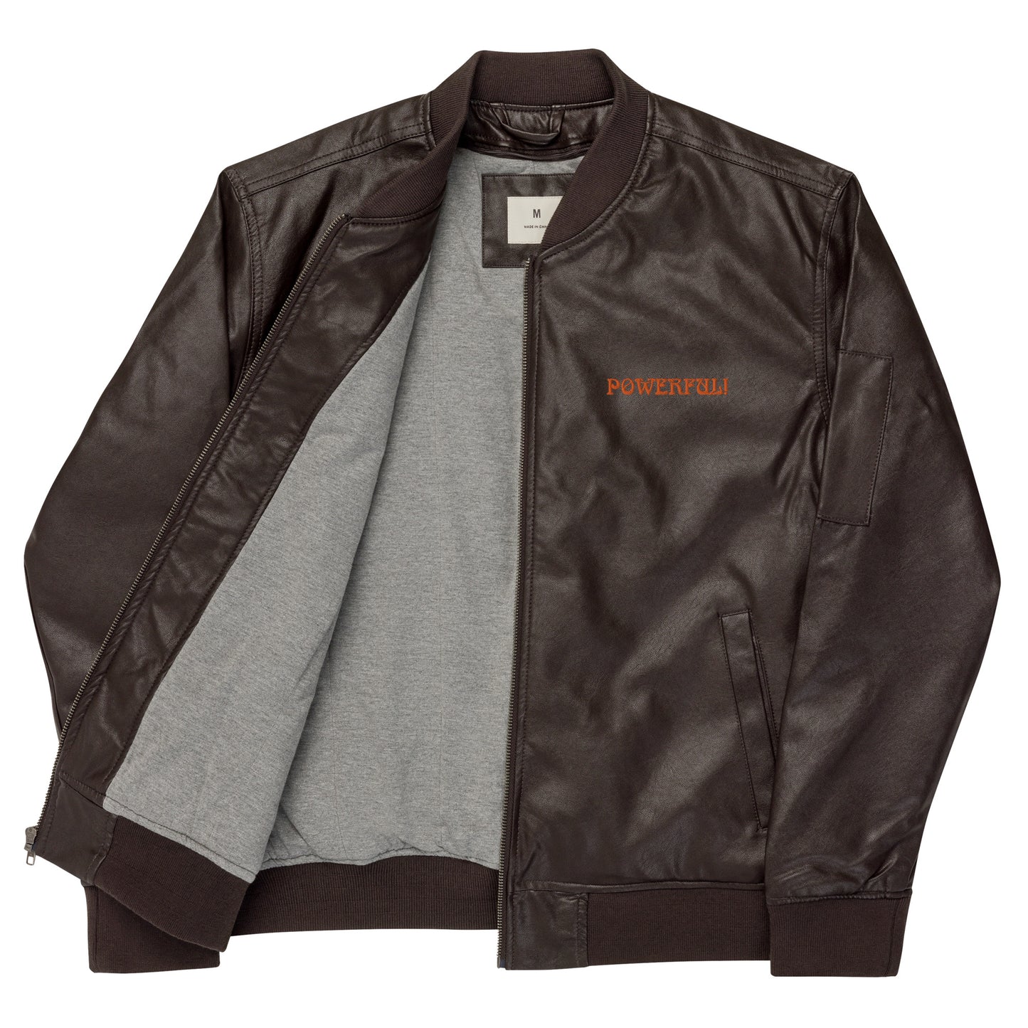 “IAM POWERFUL!”Leather Bomber Jacket W/Orange Font
