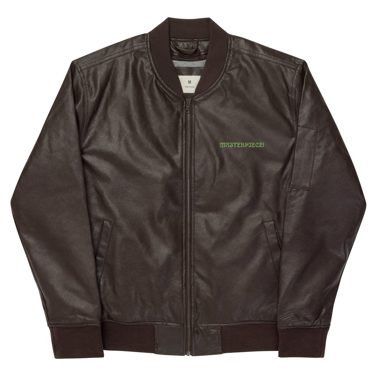 “IAM A MASTERPIECE!"Leather Bomber Jacket W/Lime Green Font