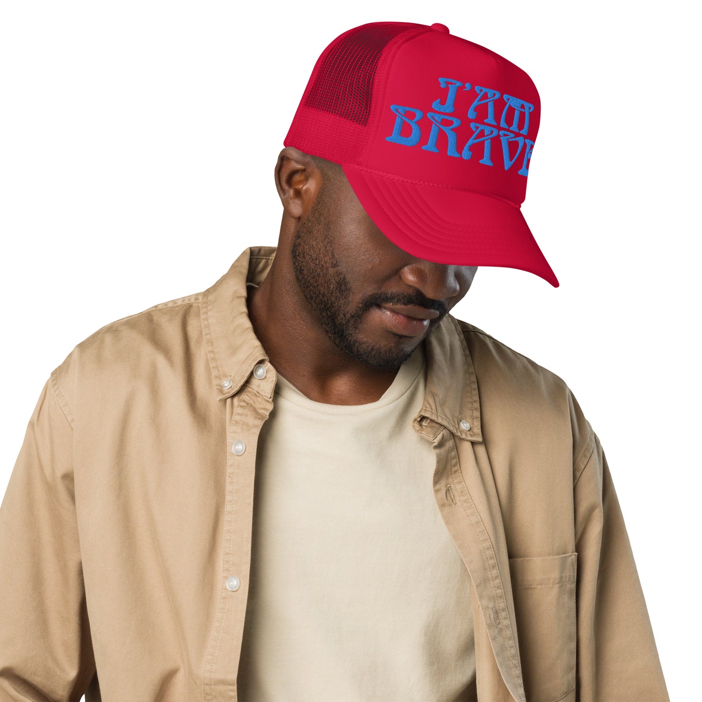 “I’AM BRAVE!”Foam Trucker Hat W/SkyBlue Font