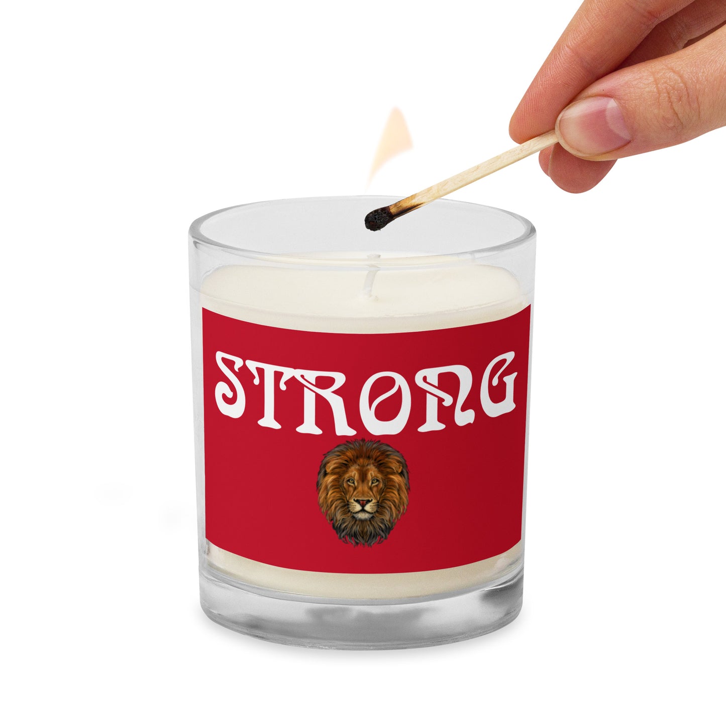 “STRONG”Red Glass Jar Soy Wax Candle W/White Font (Unscented)