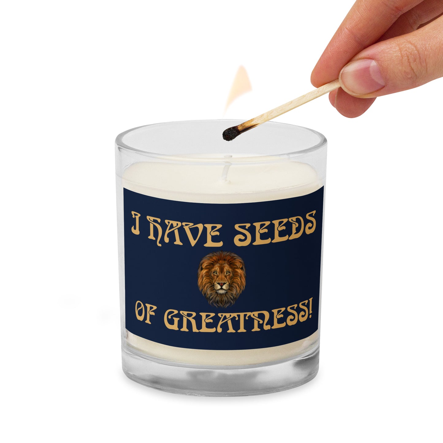 “I HAVE SEEDS OF GREATNESS!”Navy Glass Jar Soy Wax Candle W/Fawn Font (Unscented)