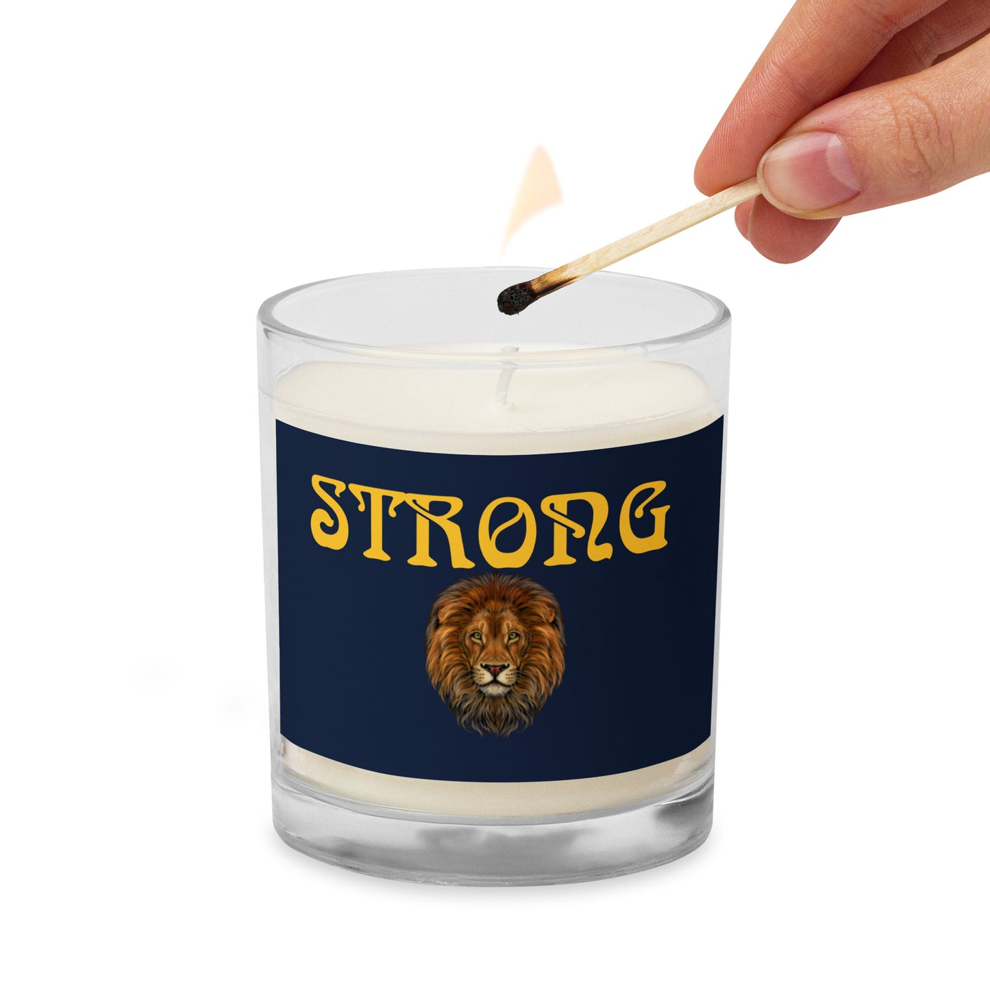 “STRONG”Navy Glass Jar Soy Wax Candle W/Yellow Font (Unscented)