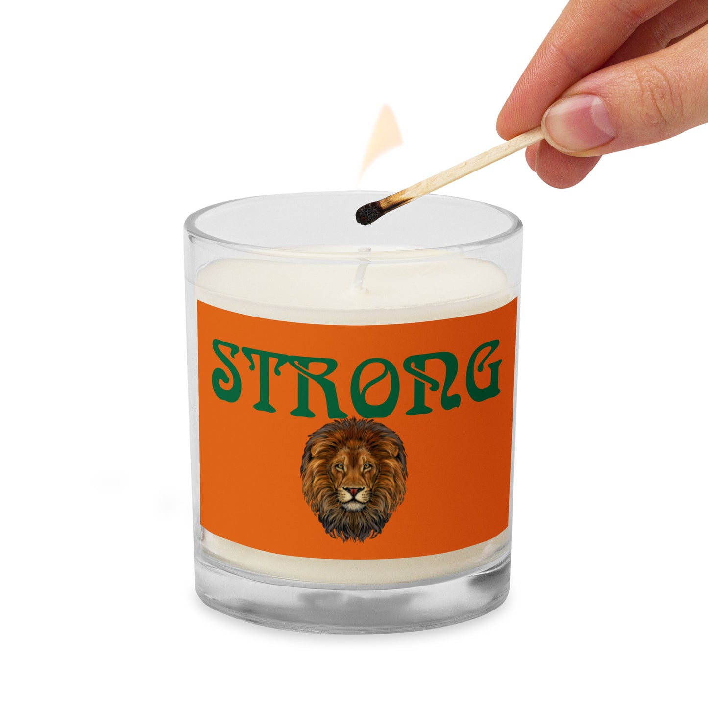 “STRONG”Orange Glass Jar Soy Wax Candle W/Green Font (Unscented)