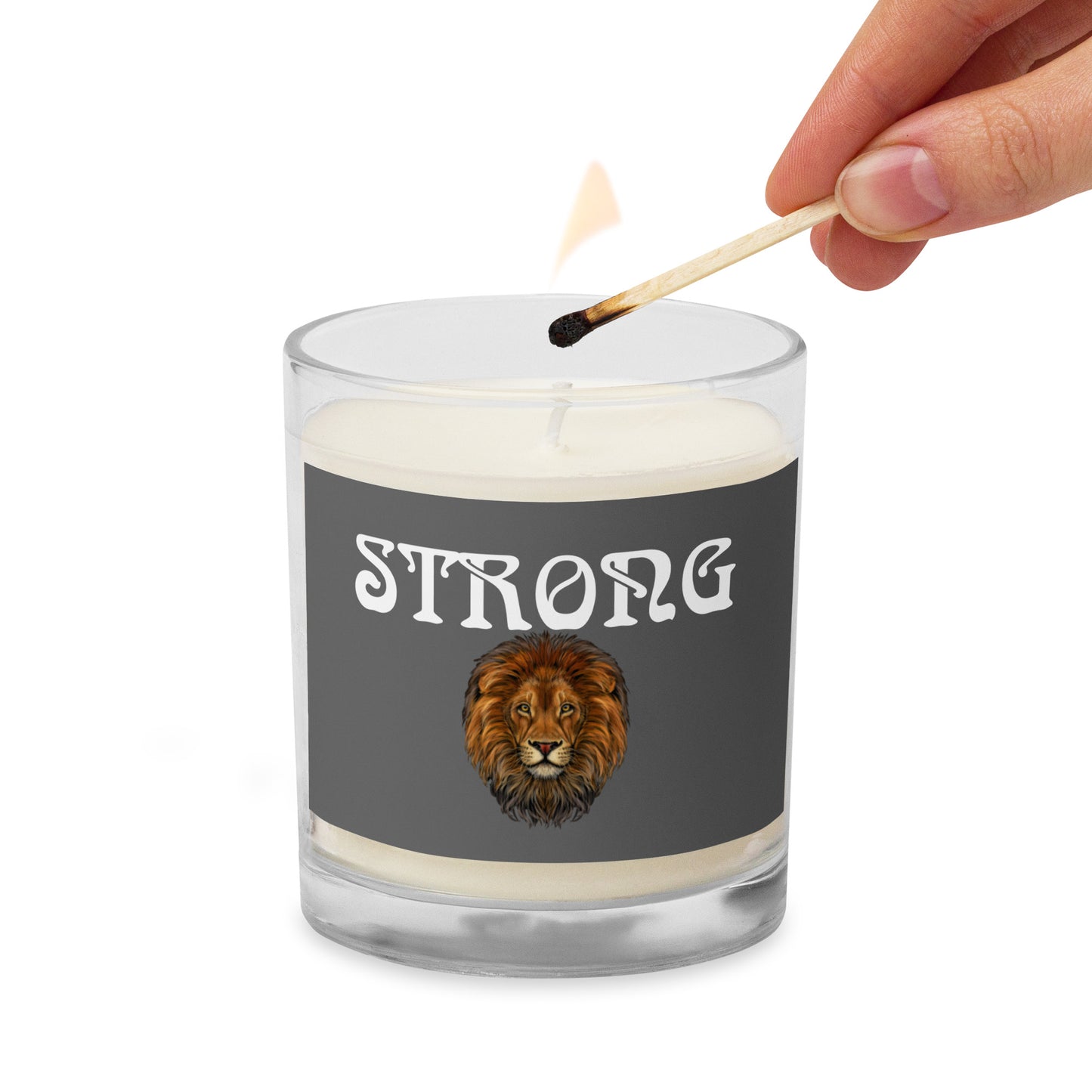 “STRONG”Grey Glass Jar Soy Wax Candle W/White Font (Unscented)