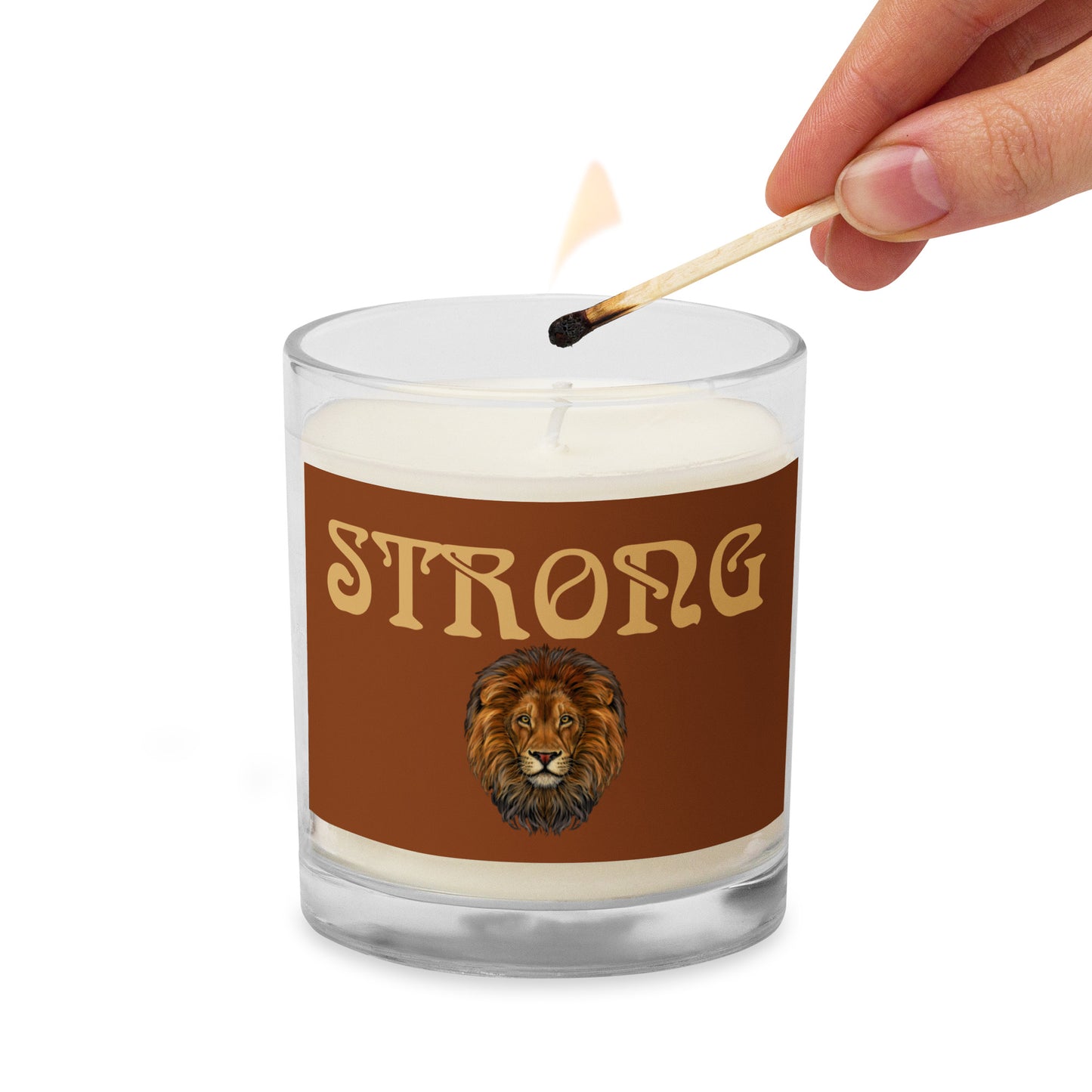 “STRONG”Saddle Brown Glass Jar Soy Wax Candle W/Fawn Font (Unscented)