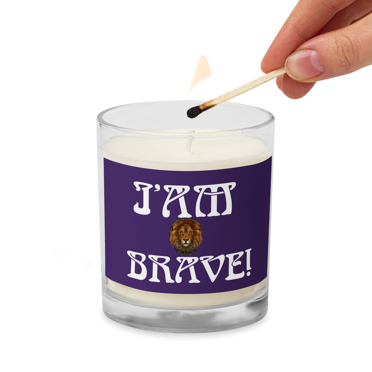 “I’AM BRAVE!”Purple Glass Jar Soy Wax Candle W/White Font (Unscented)